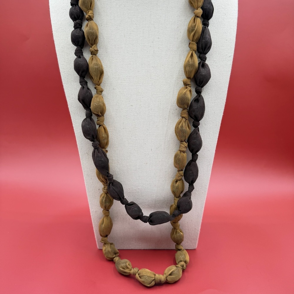 Brown Black Mustard Fabric Beaded Double Strand Necklace Boho Vintage Statement
